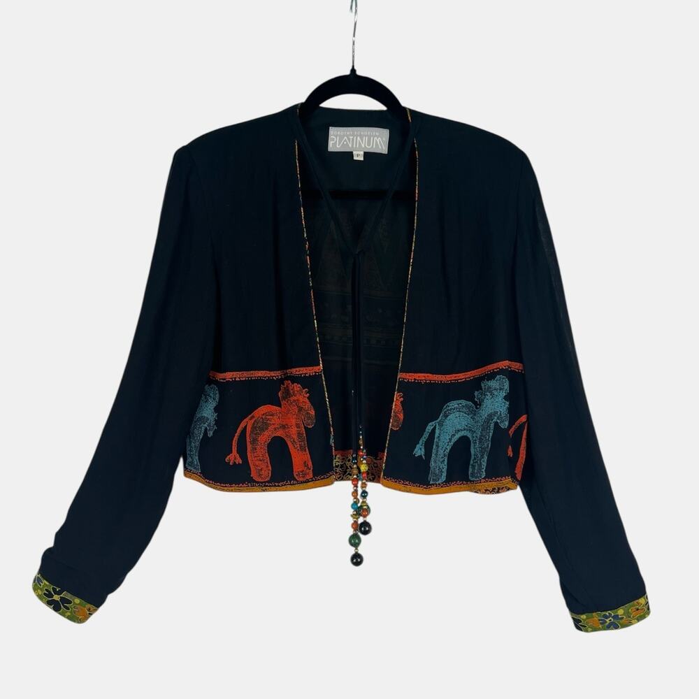 Dorothy Schoelen Platinum Cropped Jacket Beaded Tassel Horse Print Boho S/M